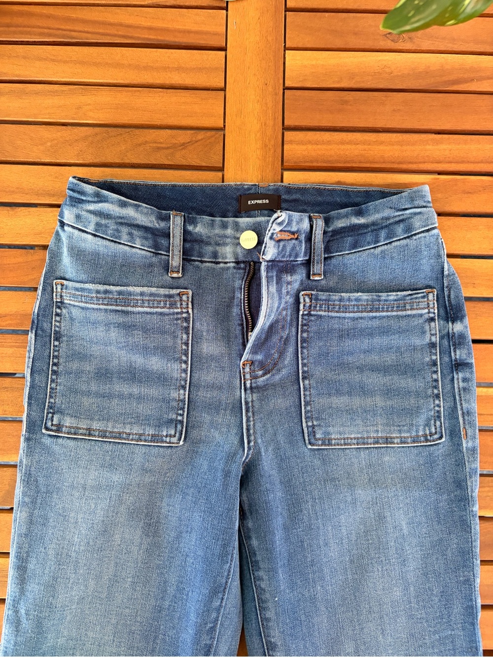 Express Women's mid-rise 70’s flare Front Patch Pocket Denim Jeans